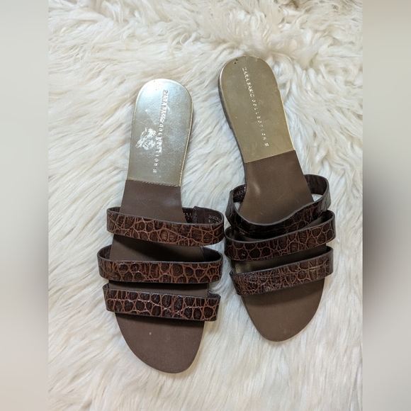 Zara Brown Animal Embossed Leather Slides - Picture 2 of 10